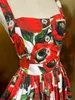 Womens Dress European Fashion brand Cotton red sea anemone floral printed gathered waist slip mid dress