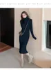 Autumn Winter White Sweater Dresses Fashion Female Black Long Sleeve Skinny Casual Blue Turtleneck Kintted Wrap Hip Dress Women 240309