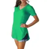 Summer solid V-neck short sleeved loose T-shirt hem arc womens dress 240320