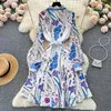 Casual Dresses Elegant Blue Printed Belt Button A-Line Shirt Dress Fall/Winter 2024 Women's Fashion European Lapel Slim midjeparty