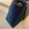 Women Fashion Medium Crossbody Designer Bag New Italy Brand Luxury Detachable Gold Chain Tote Bag High Quality Blue Color Canvas V Shaped Shoulder Bag