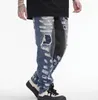 High Street Mens Distressed Denim Slim Fit Trousers Embroidery Patchwork Fashion Ripped Jeans Patches Wash