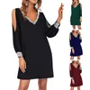 Robes décontractées Femmes Robe Paillettes Mesh Hors Épaule Mini Col V Creux Au-dessus Du Genou Longueur Femmes Brillant Patchwork Commute Mode