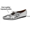 Lägenheter Leshion of Chanmeb Real Leather Flat Shoes Women Spring Elastic Pleated Laceup Bowtie Mary Janes Flats Silver Gold Shoes 3244