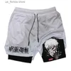 Shorts maschile anime jujutsu kaisen 2 in 1 pantaloncini da compressione per uomini short a secco rapido atletico con tasche allenamento in palestra fitness y240330