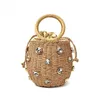 Handmade Rhinestone Crystal Embellished Straw Bag Small Bucket Lady Travel Purses and Handbags 240307