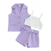 Ensembles de vêtements pour petites filles, 2 pièces, tenues d'été, sans manches, boutonné, blazer, haut caraco, short ceinturé, costumes pour enfants