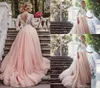 Blush Pink Lace Sexy Country 2017 Linia Suknie ślubne Vneck Back Backless Full Applique Empire Tiulle Sweat Train Weddi4363488