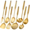 Set di utensili da cucina dorati, supporto da 9 pezzi in acciaio inossidabile 304, interamente in metallo, con forchetta per carne, cucchiaio solido, mestolo, schiumarola, spatola scanalata, spaghetti