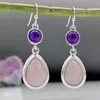 Studörhängen Bohemian Retro Drop Shaped Pink Natural Stone Korean Fashion Platinum Plating Round Amethyst Pendant Ear Hook Jewellery