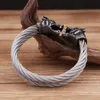 Fashion Vintage Viking Wolf Head Twisted Cable Cuff Bracelet For Men 316L Stainless Steel Punk Animal Bangles Biker Jewelry Gift 240315