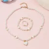 Necklace Earrings Set Children Sweet Jewelry White Beaded Ring Bracelet 3 Sets Fashion Pearl Heart Chain Choker For Girls Festival Gifts