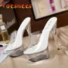 Sapatos de vestido Voesnees Mulheres Sandália Feminino Modelo T Estação Passarela Sexy Cristal Transparente 15cm Salto Alto À Prova D 'Água Sandálias H240325