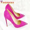 Dress Shoes 2024 Spring New Suede High Heels Rhinestone Thin Heeled Shiny Party Nightclub 12CM Women Pointed Toe Pumps Rose Red7JQF H240321