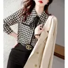 Spring Autumn Elegant Fashion Houndstooth Print Lace Up Shirt Ladies Long Sleeve Temperament All-match Blouse Femme Cardigan Top 240308