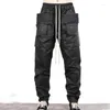 Pantalon pour hommes Surface de cire enduite foncée Double boucle Cargo Hommes Coton Parkour Sweat Casual Pantalon de cordon