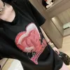 Femmes lâches O-Colon à manches courtes Coton Tissu doodle Love Heart Imprimé moyen long Desinger T-shirts Mlxl