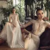 Sexy doorzichtige trouwjurken tule bruidsjurken met juweelhals 3D-bloemapplicaties A-lijn strandzomerjurken