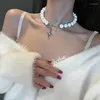 Pendant Necklaces Korea Unique Design Luminous Beads Pearl Stitching Necklace Cross Clavicle Fashion Sweet Party Jewelry