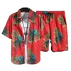 Мужские спортивные костюмы, рубашка с тропическим принтом, шорты, комплект с листьями, гавайский, с эластичной завязкой на талии, летний