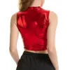 Damenblusen, Damen-Crop-Top, glänzendes Material, Leder, ärmellose Weste, Sport-Tanktops, Gold, Silber, glänzend, bunt, grün, rot, Kleidung