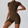 Fashion Zipper Dance Yoga Jumpsuit Short Playsuit Women Romper Short Sleeve Gym Fitness Overalls Sports Suit Unitard 240320