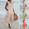 Casual Dresses Summer Cotton Linen Women's Long Dress V-ringficka Löst kvinnlig trendig mode Holiday Beach Clothes Ladies