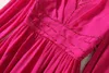 유럽과 미국 여성 드레스 2023 겨울 뉴 롱 슬리브 v- 넥 비즈 로즈 레드 패션 주름 드레스 xxl