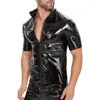 Camisas casuais masculinas plus size brilhante couro pu para homens manga curta full zippper brilhante pvc tops wetlook masculino magro camisa de látex