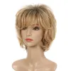 Chignon Short Blonde Synthetic Hair Wigh with Side Swept Bangs for Women Female Haircut Puffy Straight Natural Wig