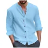 Men's Casual Shirts Spring Summer Shirt Retro Long Sleeved Tops Cotton Linen Comfort Fashion Solid Color Blouse Collarless Top