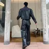 IEFB fashion mens set niche design two-piece patchwork suit denim leather spliced short jacket straigt pants 9C2563 240315