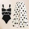 Women's Swimwear Black White Patchwork Beach Skirt Swimsuit For Women One Piece Bikini Polka Dot Printing High Waist Conservative Bathing