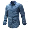 Camicie casual da uomo 2024 Camicia di jeans Taglie forti Risvolto a maniche lunghe Tasca applicata in cotone Blu