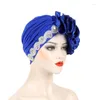 Ethnic Clothing Women's Wrap Head Beanies Muslim Headscarf Bonnet African Headtie Rhinestones Turban Hat With Side Satin Ruffles 2024