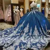 Royal Blue Off The Shoulder Ball Gown Pärled Quinceanera Dress with Cape Sparkling Princess Corset Lace Applicques Sweet 1516 Graduation Dresses BC15345 0321