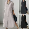 Casual Dresses Loose Dress Solid Color Maxi Shirt med oregelbunden split hem-enbröst lapel för kvinnors vår höst dagligen