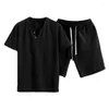 Homens Tracksuits Homens Tracksuit Casual Sportwear Set com V-Pescoço T-shirt Elastic Cordão Shorts Cor Sólida Roupa para Homewear ou Ativo