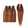 Peruker Super Double Draw Bone Straight Human Hair Bunds med stängning HD 2x6 Lace Kim K Honey Brown Color Vietnam Rå hårbuntar