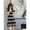 Casual Dresses Women Fashion Summer Knitting Contrast Striped Love Hearts Pullover Soft Knitted Frocks Slim A-Line Lady Short Vestidos