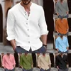 Men's Casual Shirts Spring Summer Shirt Retro Long Sleeved Tops Cotton Linen Comfort Fashion Solid Color Blouse Collarless Top