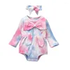 Barboteuse à manches longues, vêtements pour bébé fille, body avec nœud papillon, imprimé tie-dye, tenues côtelées pour nourrissons