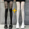 Meias femininas y2k cinta arco costura meias lolita japonês seção fina coxa branca alta feminina jk meia-calça preta