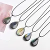 Dekorative Figuren Mineraali Flash Natürliche Labradorite Wassertropfen Anhänger Schwarzes Seil Herren Halsketten Edelstein Energie Blauer Quarz