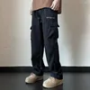 Calças masculinas Hip Hop Calças Cor Sólida Perna Larga Carga Com Cordão Cintura Elástica Multi Bolsos Casual Para Plus