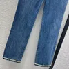 Kvinnors jeans raka kvinnor höga midja fickor metallkedjor dekoration blå casual denim byxor för