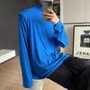 Mens Camisetas Outono Mens T-shirt Gola Gola Pilha Ombro Pad Manga Longa Slim Fit Tops Cor Sólida Azul Pulôver TopsMens Tr