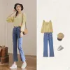 Boots Front Slit Stretchy Skinny Flared Jeans High Waist Slimming Women Cropped Denim Pants Blue Korean Simple Basic Bootcut Trousers