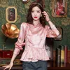 Blouses voor dames Chinese stijl roze bloemen ruche voor lente vintage pan knop elegant shirt dames mode lange mouwen tops