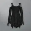 Lässige Kleider, langärmeliges Kleid, elegante Spitze, V-Ausschnitt, schulterfrei, für Damen, unregelmäßiger Saum, einfarbig, plissiert, knielang